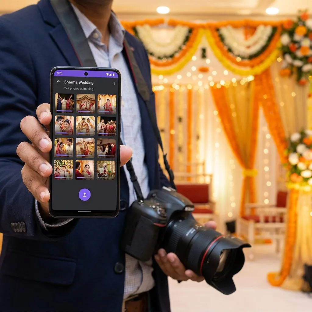 Photographer uploading photos from smartphone
