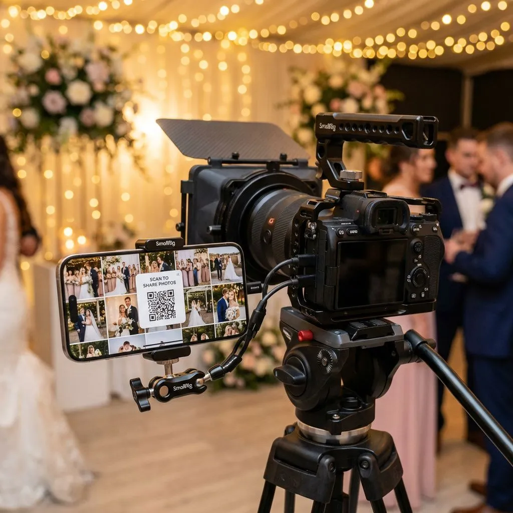 Camera rig with phone showing gallery and QR code at wedding